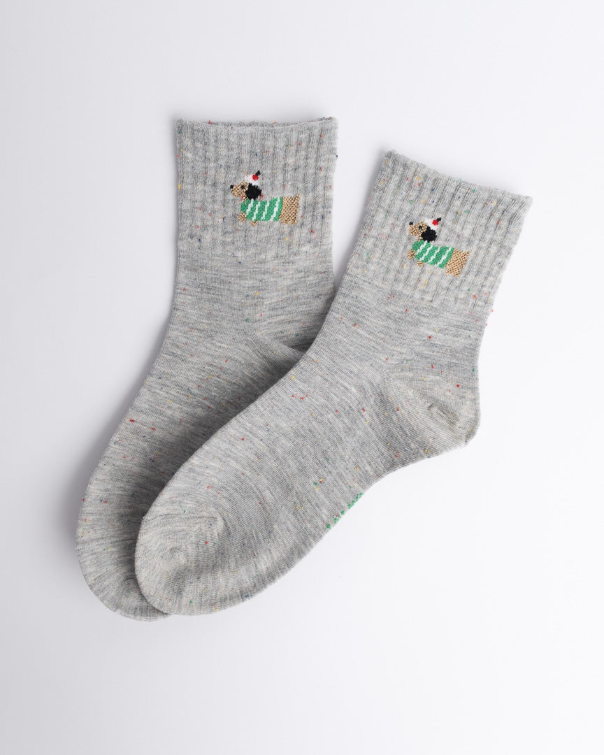 Grey women’s quarter socks with dachshund embroidery, everyday cotton socks