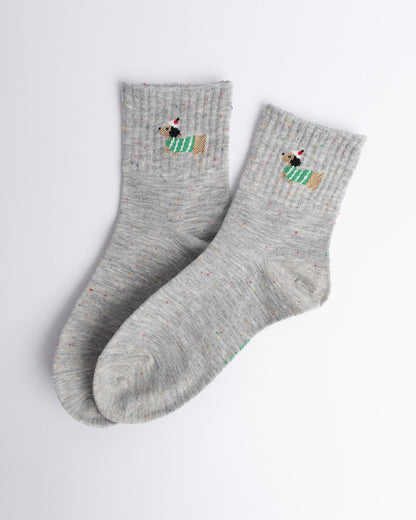 Grey women’s quarter socks with dachshund embroidery, everyday cotton socks