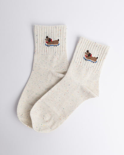 Cream women’s quarter socks with dachshund embroidery, soft cotton socks