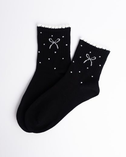 Bow Detail Women’s Cotton Quarter Socks – Ruffle Trim Casual Socks