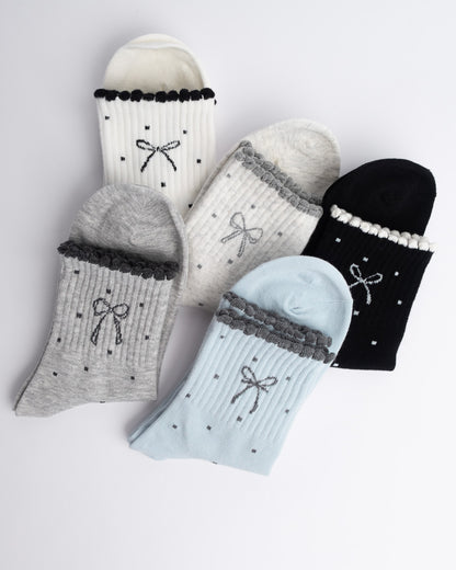 Bow Detail Women’s Cotton Quarter Socks – Ruffle Trim Casual Socks