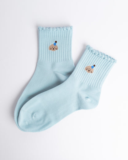 Sky blue women’s quarter socks with puppy embroidery, cotton ruffle trim socks