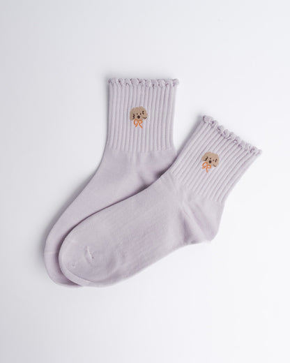 Lavender women’s quarter socks with puppy embroidery and ruffle trim
