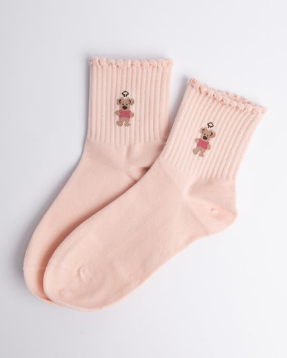 Women’s quarter socks with cute puppy embroidery and ruffle trim, multiple colours
