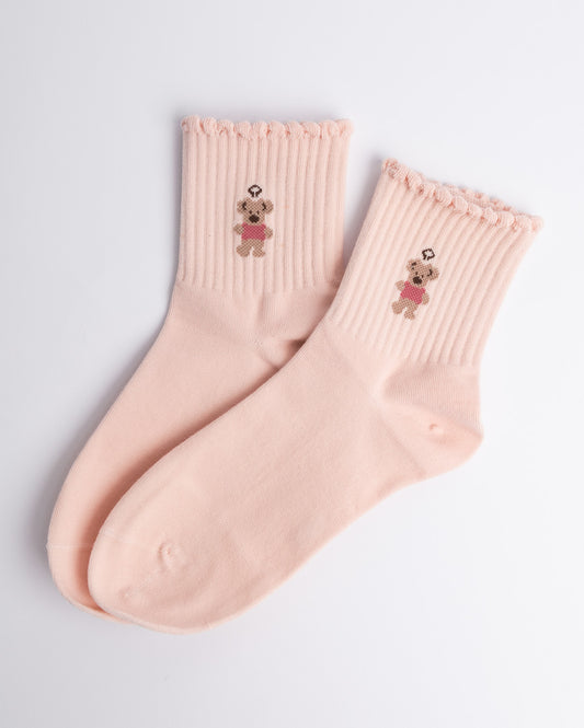 Women’s quarter socks with cute puppy embroidery and ruffle trim, multiple colours
