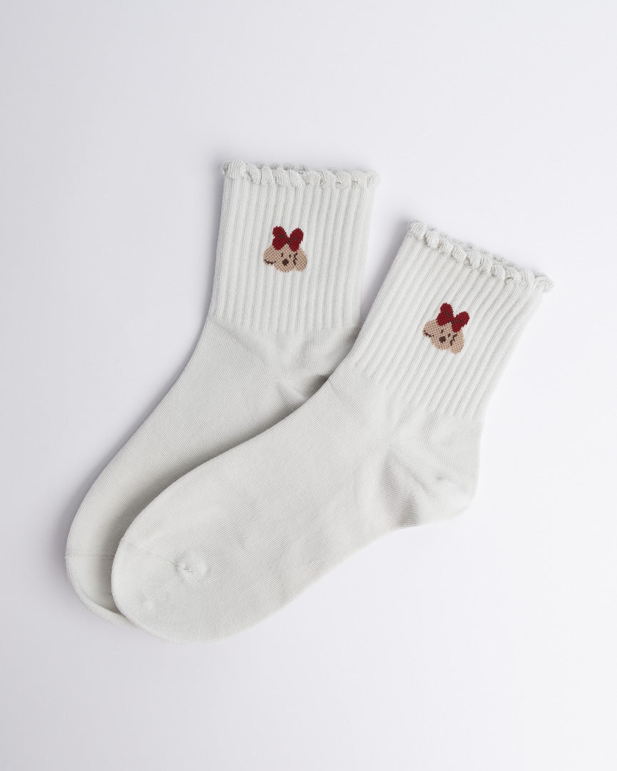 Off white women’s quarter socks with puppy embroidery, cotton casual socks