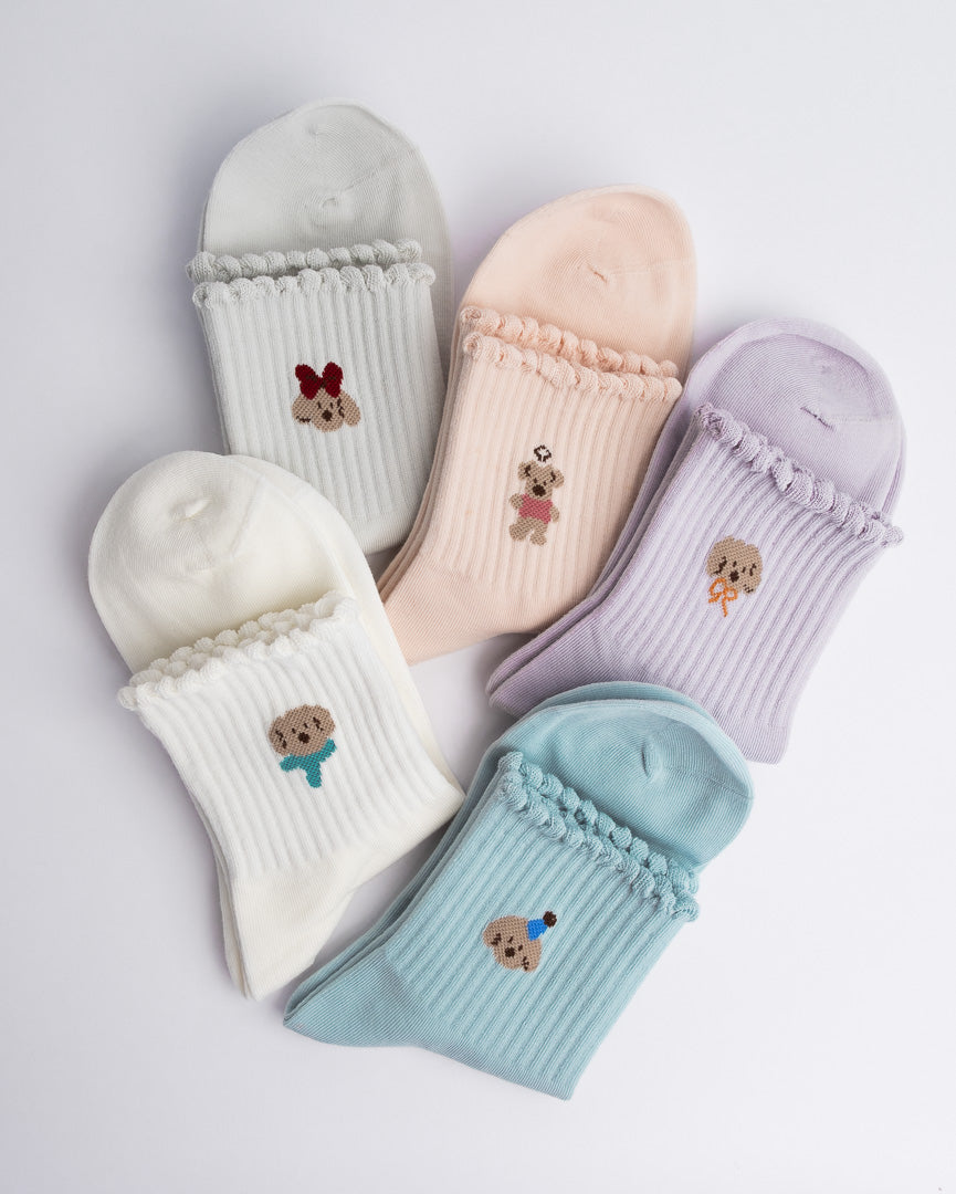 Women’s quarter socks with cute puppy embroidery and ruffle trim, multiple colours