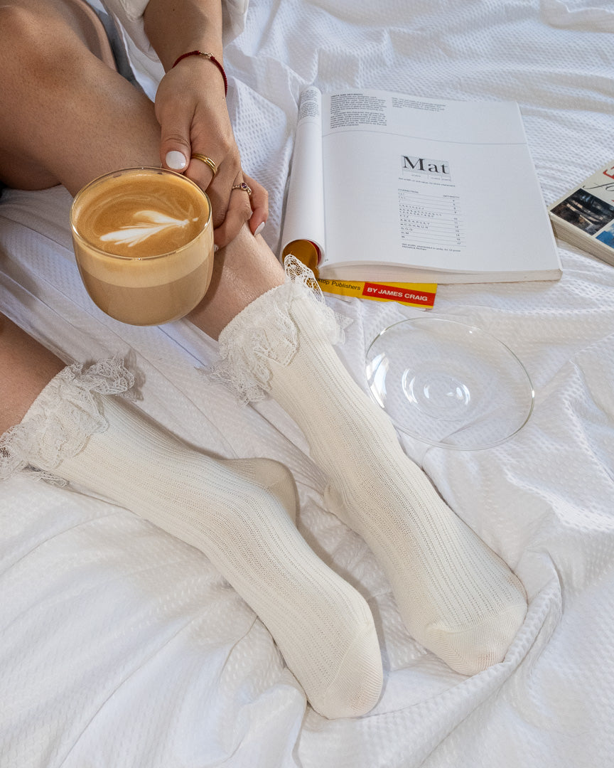 Lace Ruffle Pearl Bow Socks – Women’s Cotton Crew Socks