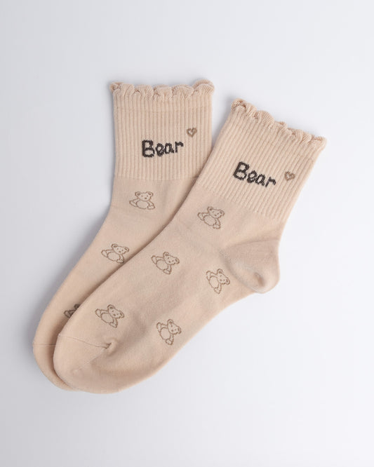 Bear cotton quarter socks for women in beige with bear text and small bear pattern