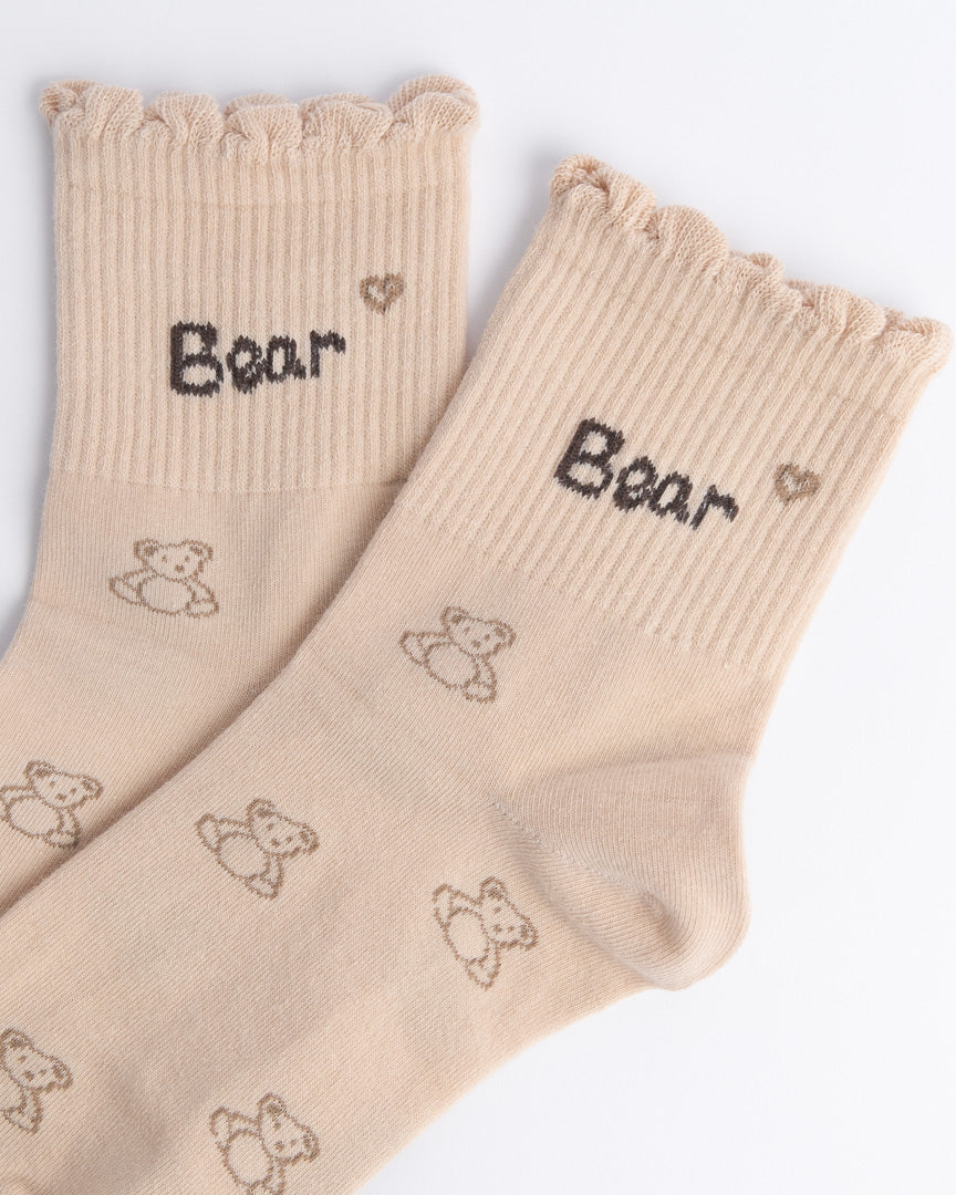 Beige women’s cotton quarter socks with bear text and playful bear details