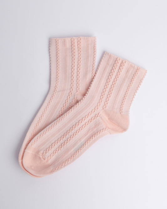Braided rib cotton quarter socks for women in soft pink, everyday casual socks