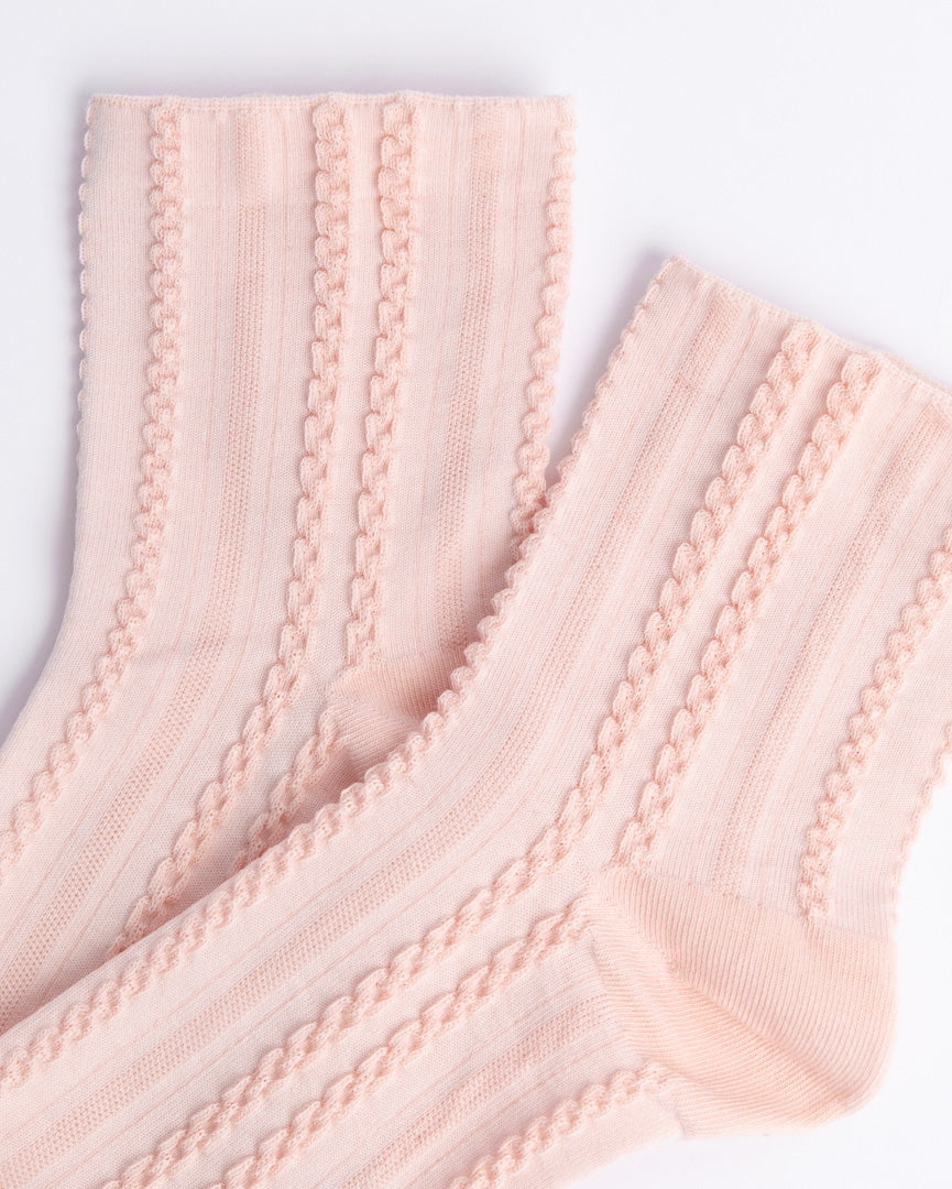 Close-up of braided rib knit texture on pink women’s cotton quarter socks