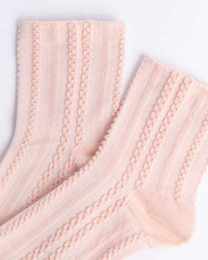 Close-up of braided rib knit texture on pink women’s cotton quarter socks