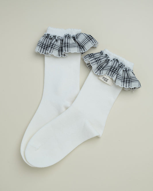 White Plaid Ruffle Socks – Women’s Cotton Crew Socks