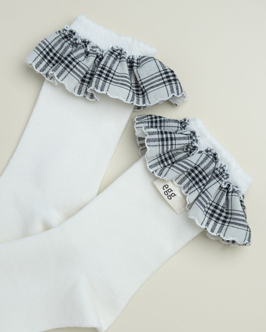 White Plaid Ruffle Socks – Women’s Cotton Crew Socks