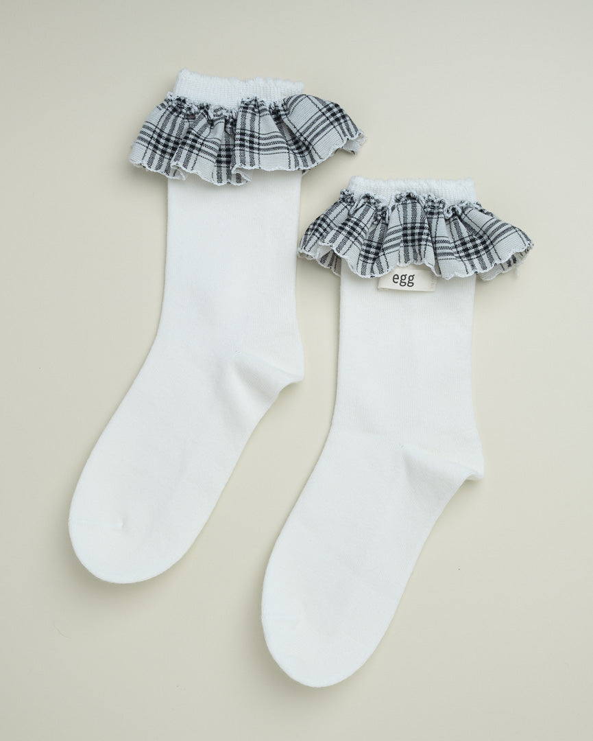 White Plaid Ruffle Socks – Women’s Cotton Crew Socks