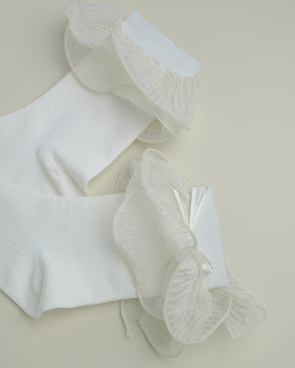 Detail of cream white sheer ruffle socks showing lightweight translucent ruffle edge