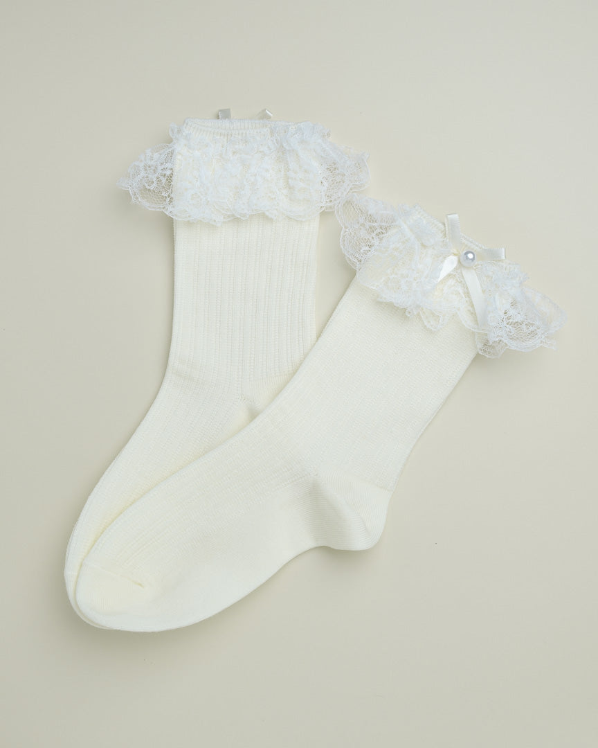 Lace Ruffle Pearl Bow Socks – Women’s Cotton Crew Socks
