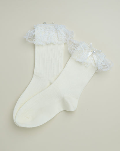 Lace Ruffle Pearl Bow Socks – Women’s Cotton Crew Socks