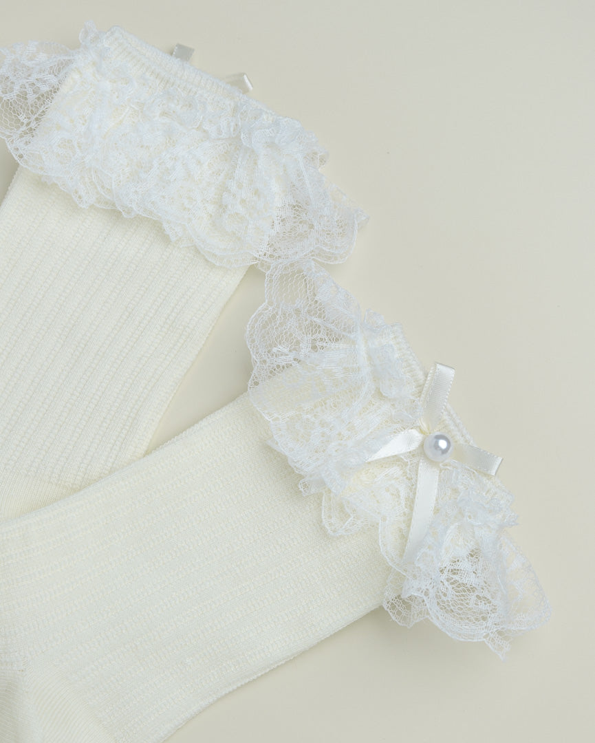 Lace Ruffle Pearl Bow Socks – Women’s Cotton Crew Socks