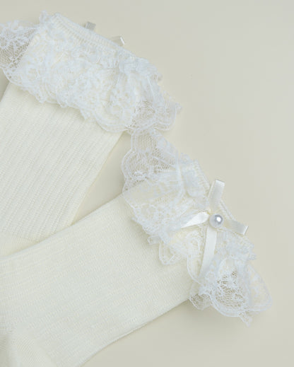 Lace Ruffle Pearl Bow Socks – Women’s Cotton Crew Socks