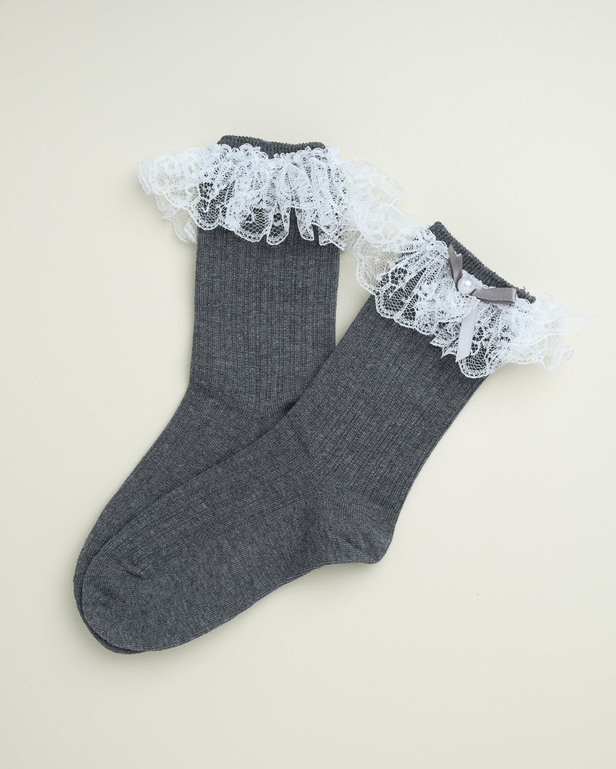 Lace Ruffle Pearl Bow Socks – Women’s Cotton Crew Socks