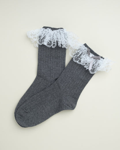 Lace Ruffle Pearl Bow Socks – Women’s Cotton Crew Socks