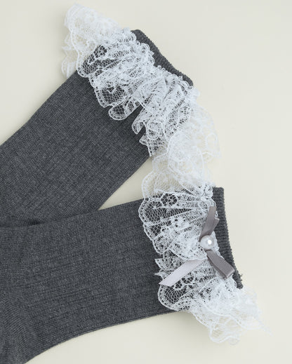 Lace Ruffle Pearl Bow Socks – Women’s Cotton Crew Socks