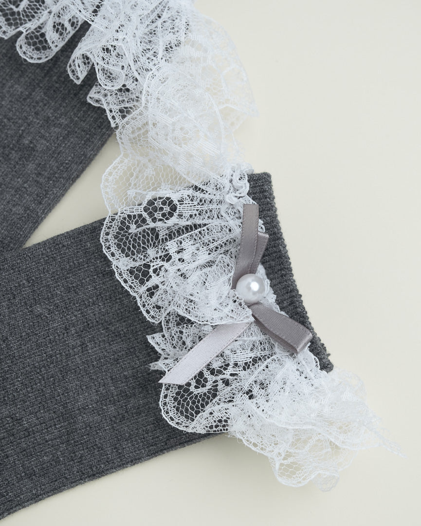 Lace Ruffle Pearl Bow Socks – Women’s Cotton Crew Socks
