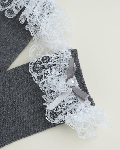 Lace Ruffle Pearl Bow Socks – Women’s Cotton Crew Socks