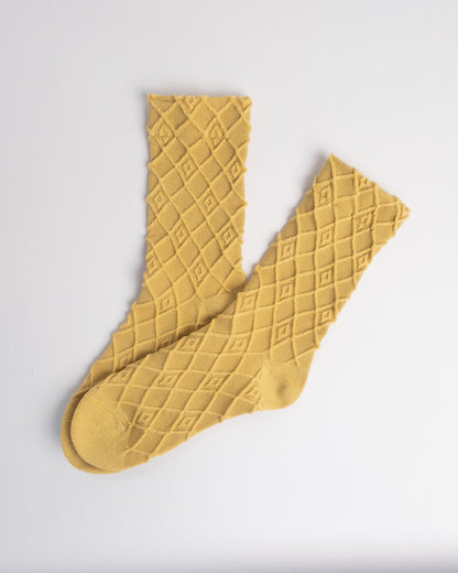 Women’s yellow cotton crew socks with textured knit pattern casual everyday socks
