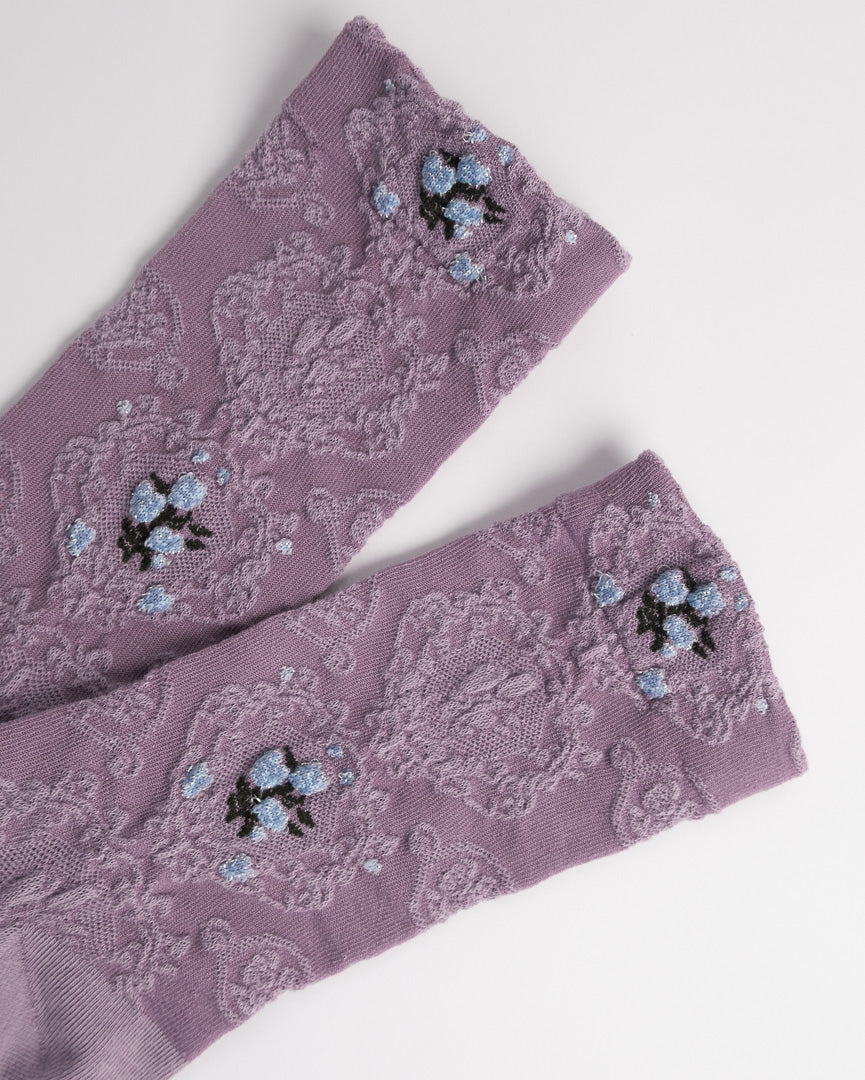 Purple women’s crew socks with floral texture breathable cotton casual socks