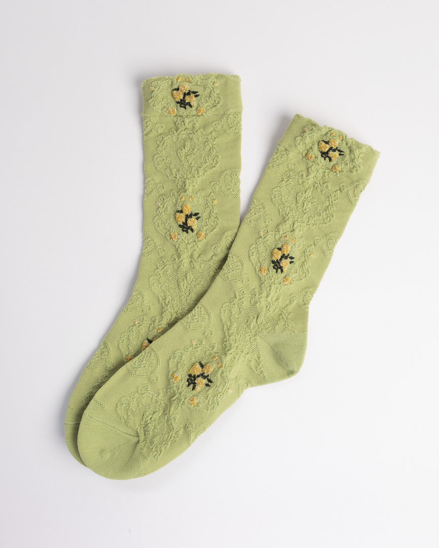 Women’s green cotton crew socks with textured floral knit pattern breathable casual socks