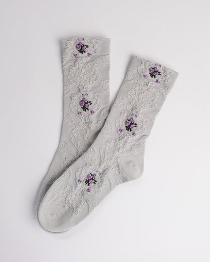 Women’s Cotton Crew Socks – Textured Floral Knit Vintage Casual Socks