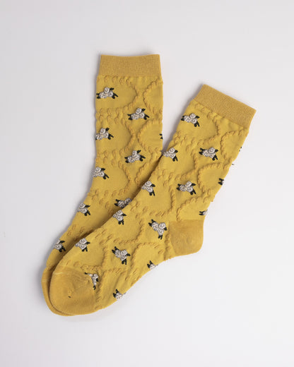 yellow floral cotton crew socks women soft breathable textured knit socks