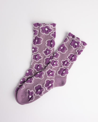 Women’s Cotton Crew Socks – Textured 3D Floral Knit Casual Everyday Socks