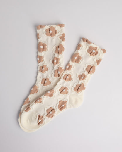 Women’s Cotton Crew Socks – Textured 3D Floral Knit Casual Everyday Socks