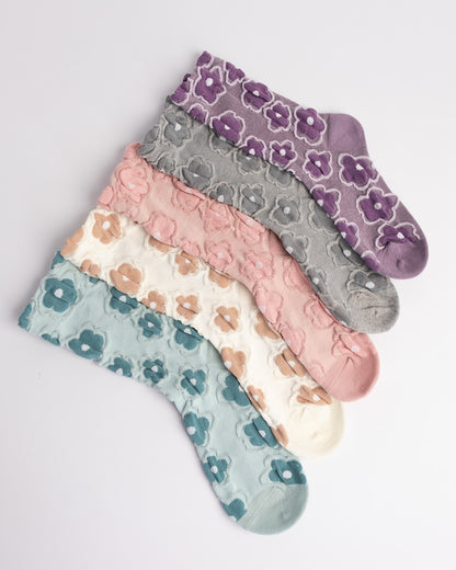 Women’s Cotton Crew Socks – Textured 3D Floral Knit Casual Everyday Socks