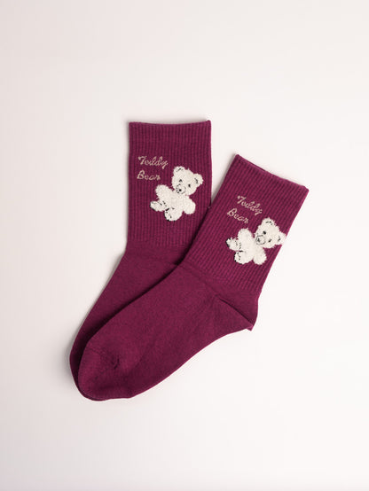 women wool blend crew socks burgundy teddy bear embroidery warm winter socks