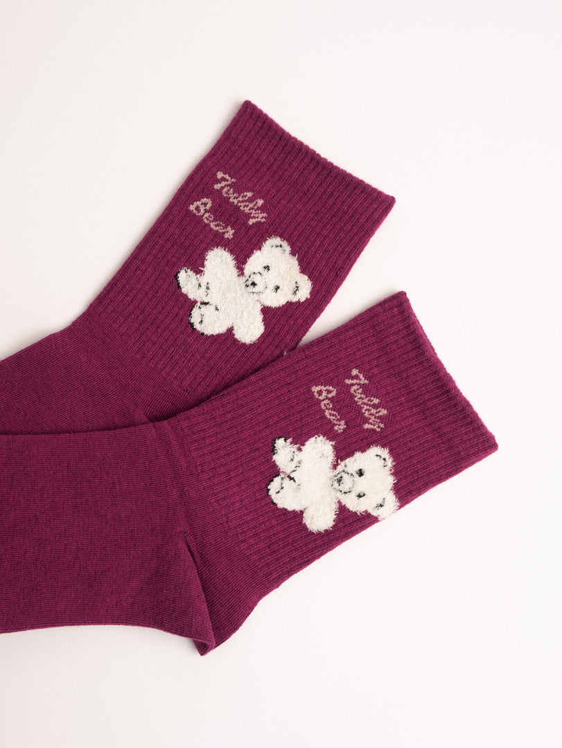 women wool blend crew socks burgundy teddy bear embroidery close up cozy winter socks