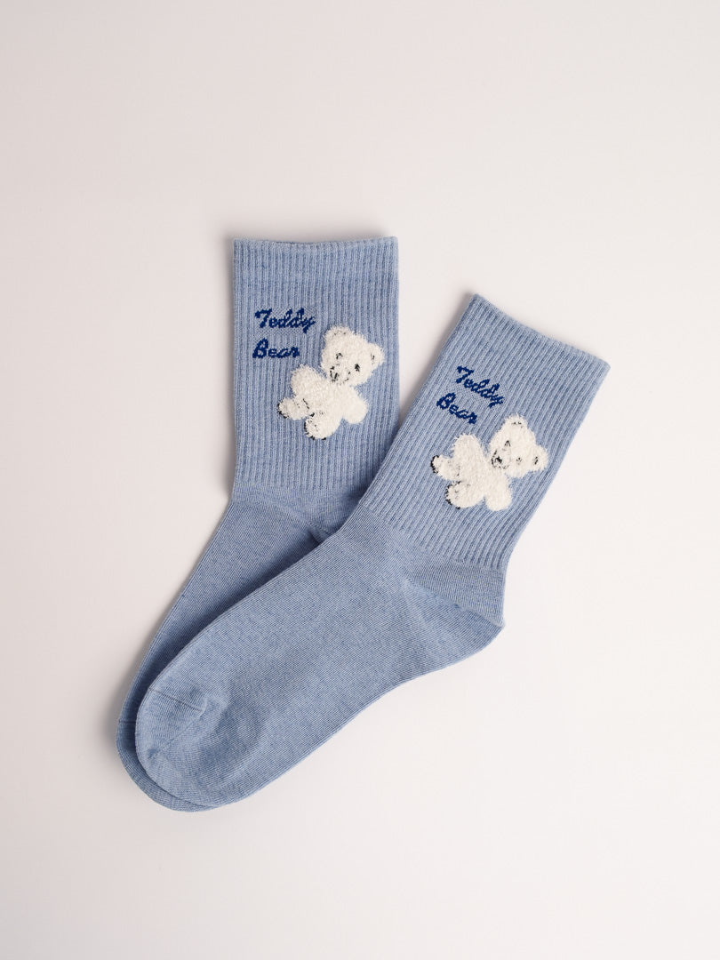 women wool blend crew socks blue teddy bear embroidery soft warm cozy everyday socks