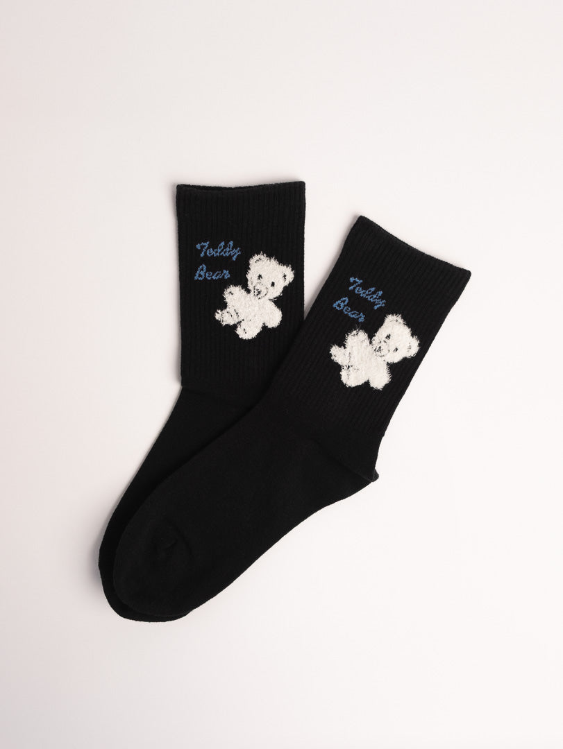 women wool blend crew socks black teddy bear embroidery soft everyday socks
