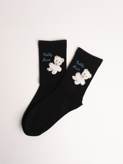 women wool blend crew socks black teddy bear embroidery soft everyday socks