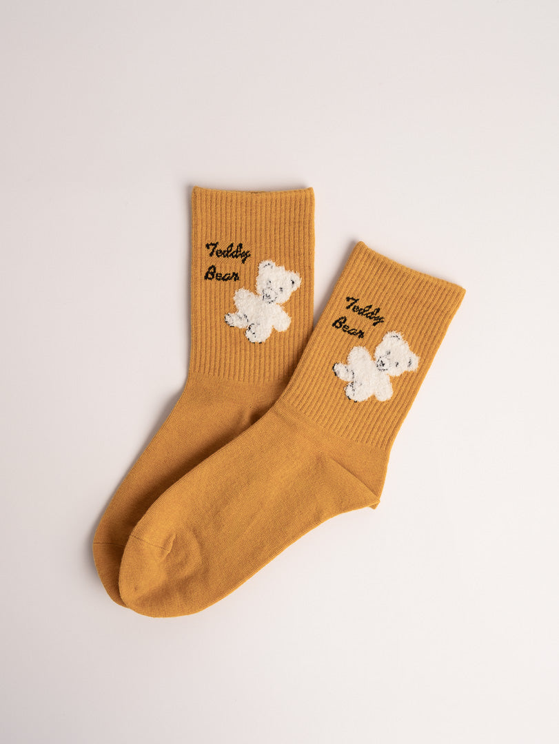 women wool blend crew socks mustard yellow teddy bear embroidery cozy socks