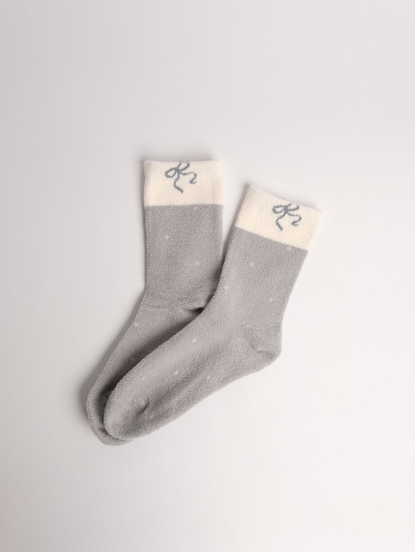 women fuzzy crew socks light grey polka dot close up soft texture cozy socks