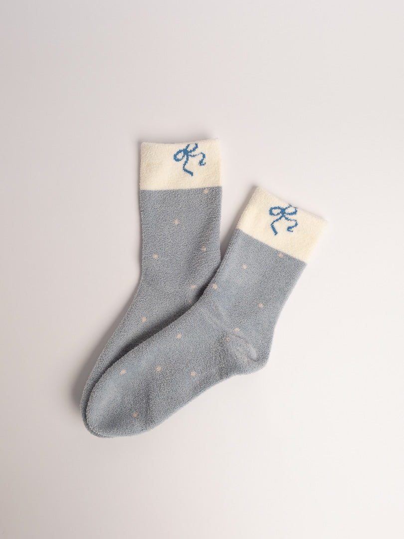women fuzzy crew socks light grey polka dot bow detail cozy everyday socks