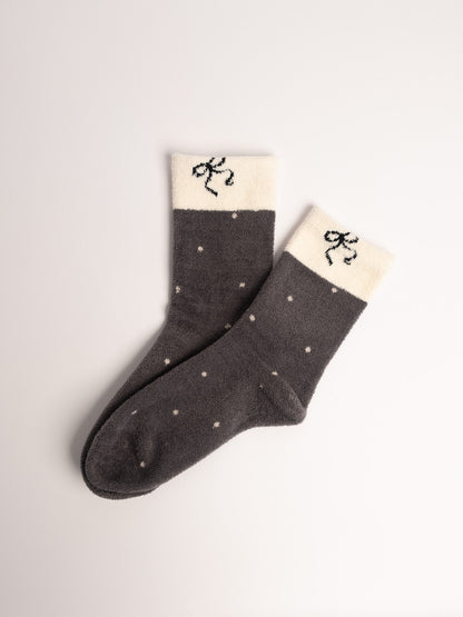 women fuzzy crew socks black polka dot bow detail warm cozy winter socks