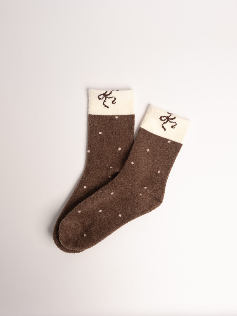 women fuzzy crew socks brown polka dot bow detail soft cozy winter lounge socks