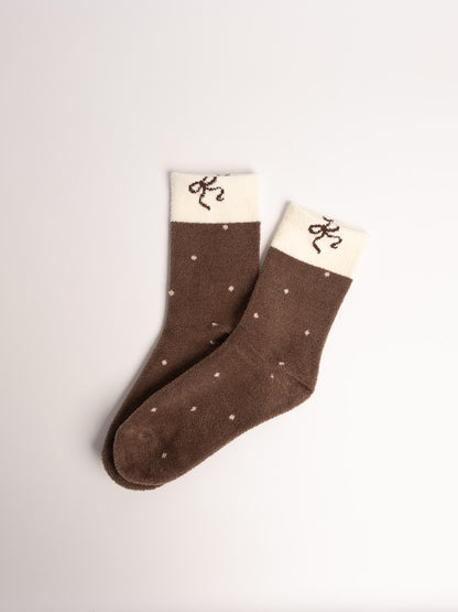 women fuzzy crew socks brown polka dot bow detail soft cozy winter lounge socks