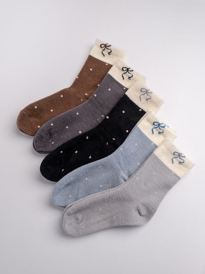women fuzzy crew socks brown and beige polka dot cozy winter socks set
